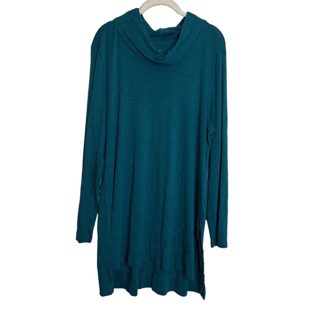 J Jill Pima Cotton Cowl Neck Tunic XL Teal Blue Long Sleeve High-Low Hem